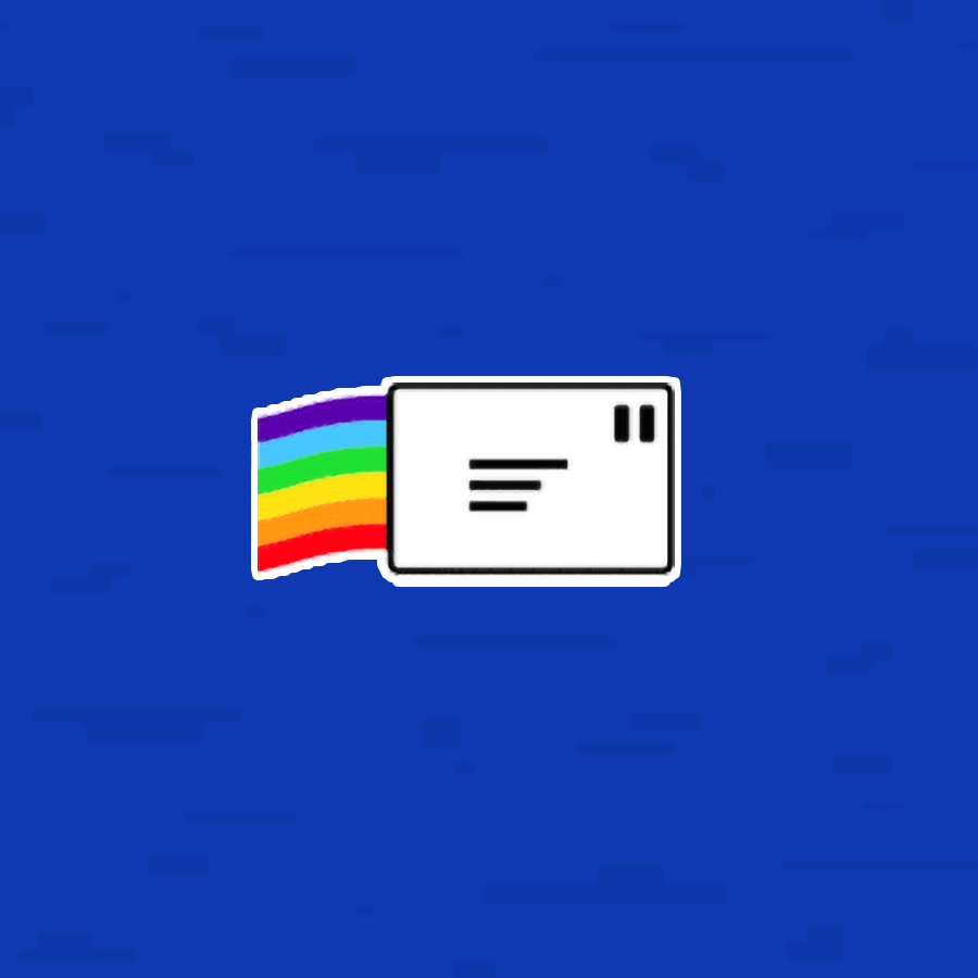 An illustration of a postcard with a rainbow train behind it
