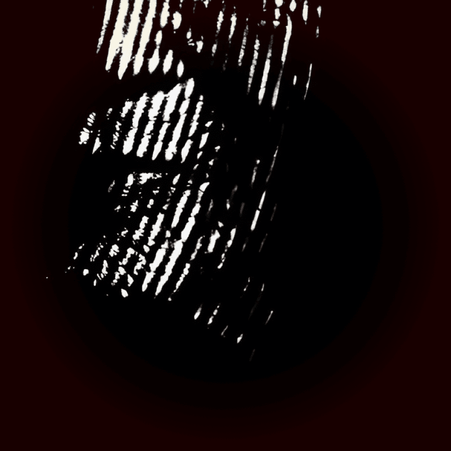 A high-contrast black and white texture of an industrial structure, fading into darkness