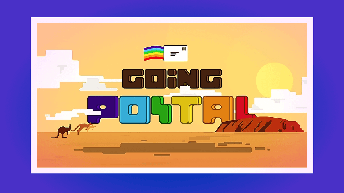 A bright, colourful, illustrated landscape of Australia in a 8-bit style