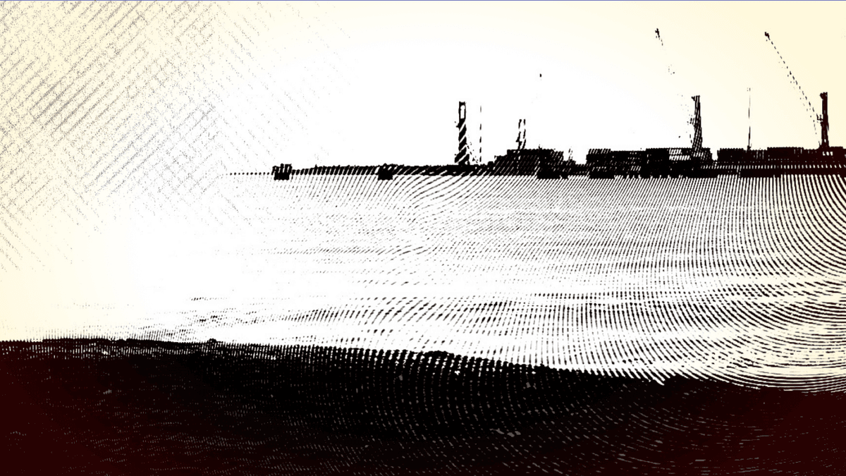 A textured image of a stark, black + white industrial landscape