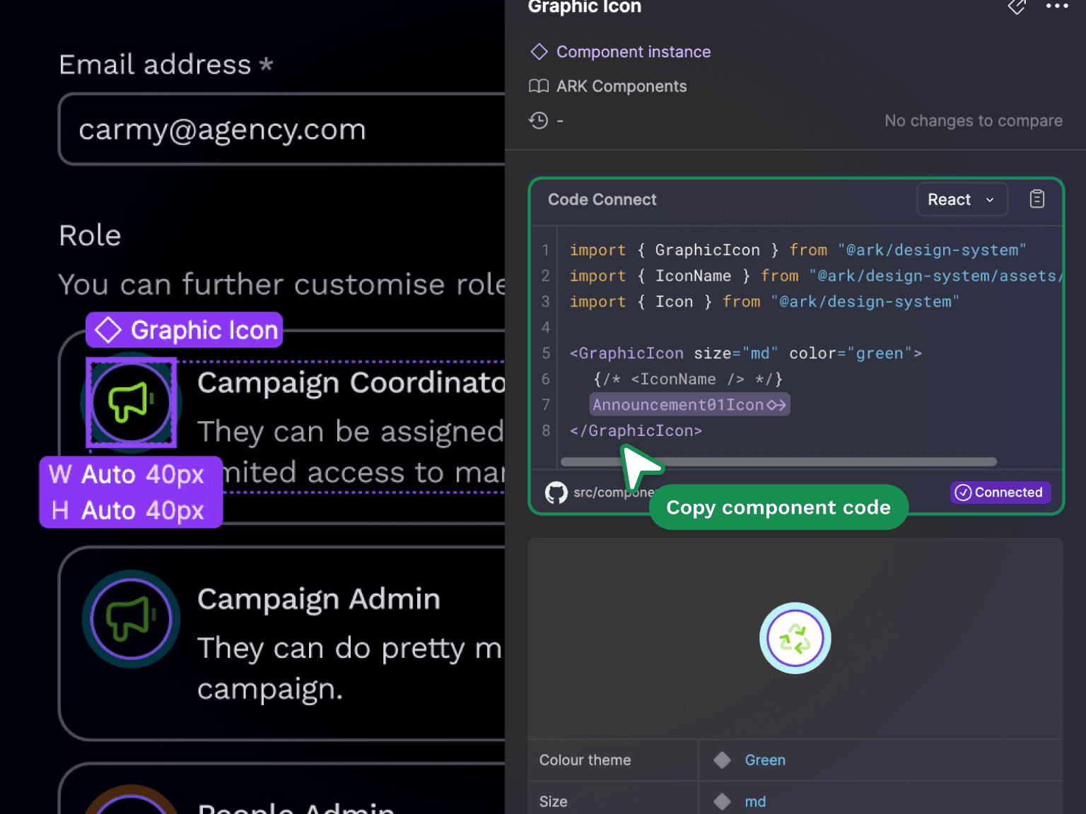 Figma's Code Connect panel showing the React code for a Graphic icon component selected in a design