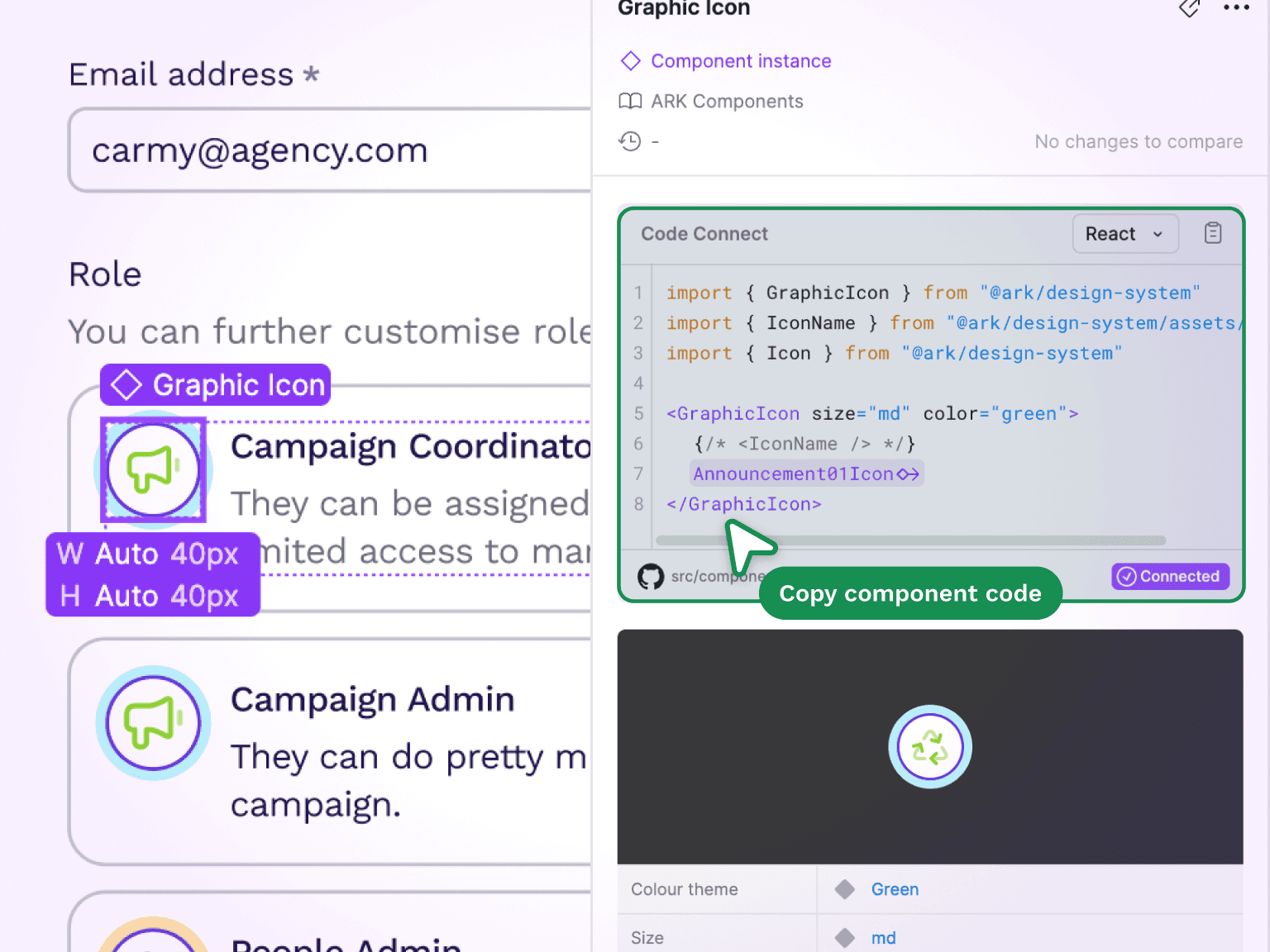 Figma's Code Connect panel showing the React code for a Graphic icon component selected in a design