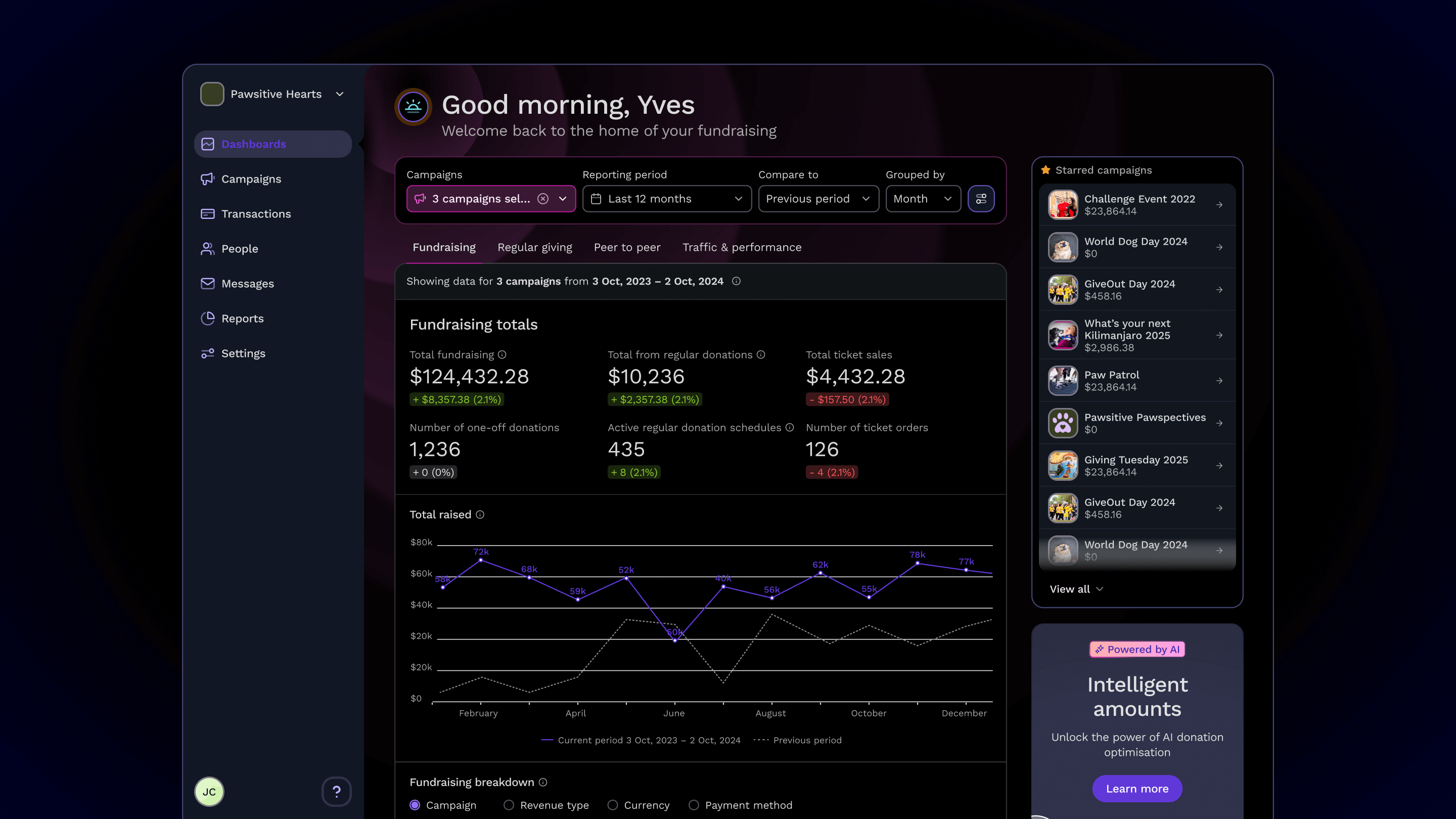 Product dashboard screen showing a break down of an organisation's fundraising in figures and graphs
