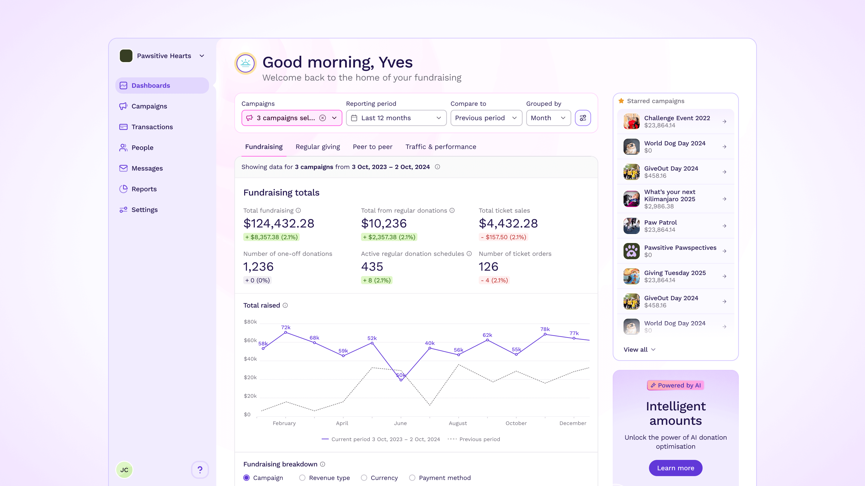 Product dashboard screen showing a break down of an organisation's fundraising in figures and graphs