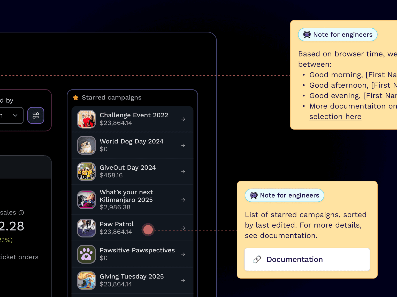 A starred campaigns list in Figma with yellow 'Note for engineers' annotations explaining greeting logic and sort order