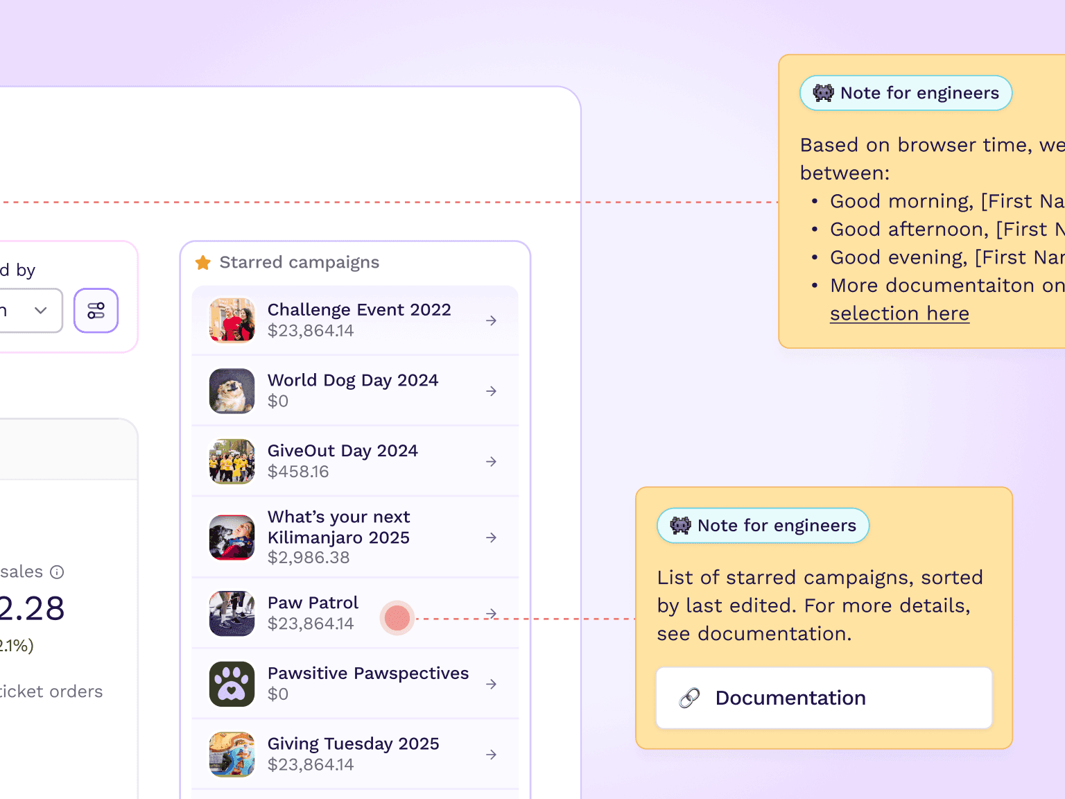A starred campaigns list in Figma with yellow 'Note for engineers' annotations explaining greeting logic and sort order