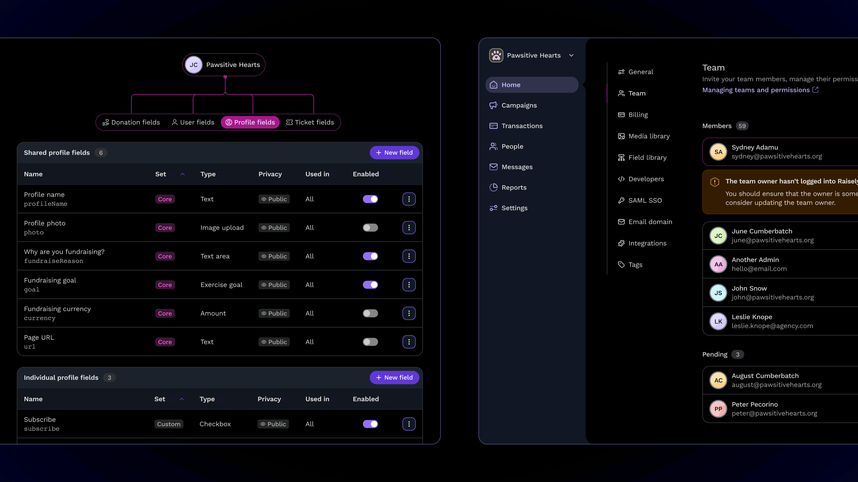 Composition of two product screenshots, one from the 'Team' page, and the other from the 'Fields' page, demonstrating the versatility of the design system