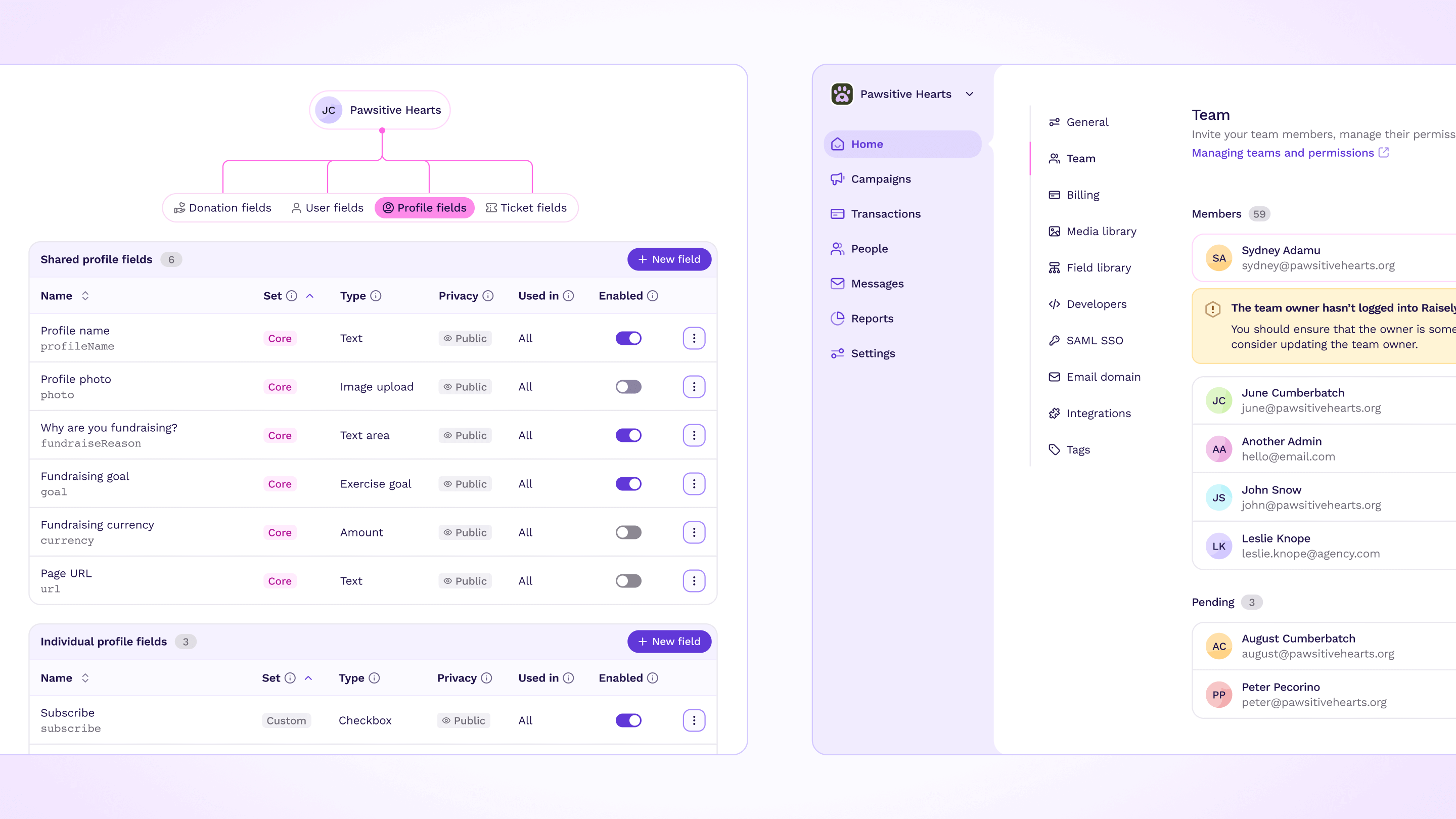 Composition of two product screenshots, one from the 'Team' page, and the other from the 'Fields' page, demonstrating the versatility of the design system