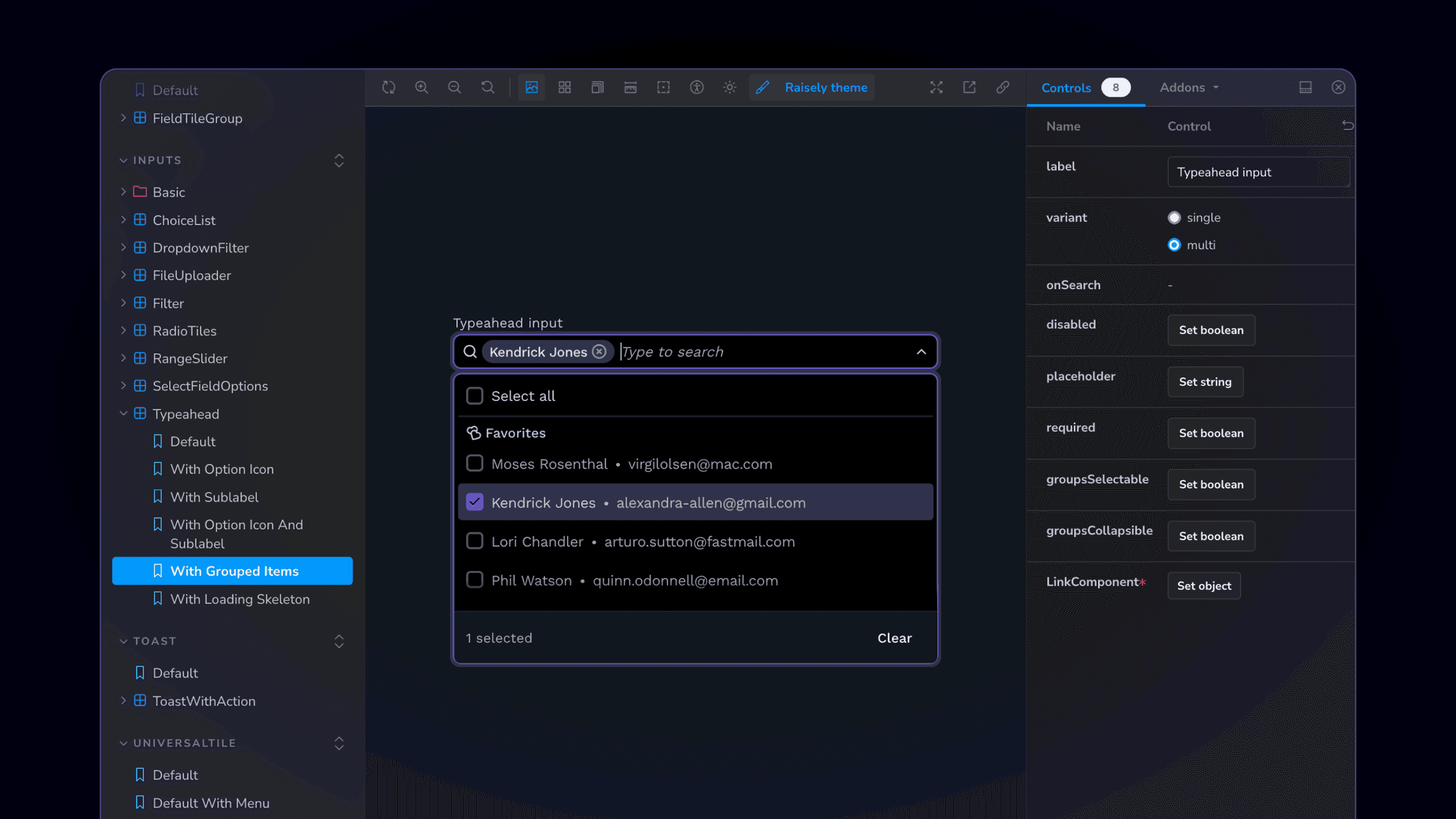 Storybook showing a Typeahead input component with its controls panel and a list of system components