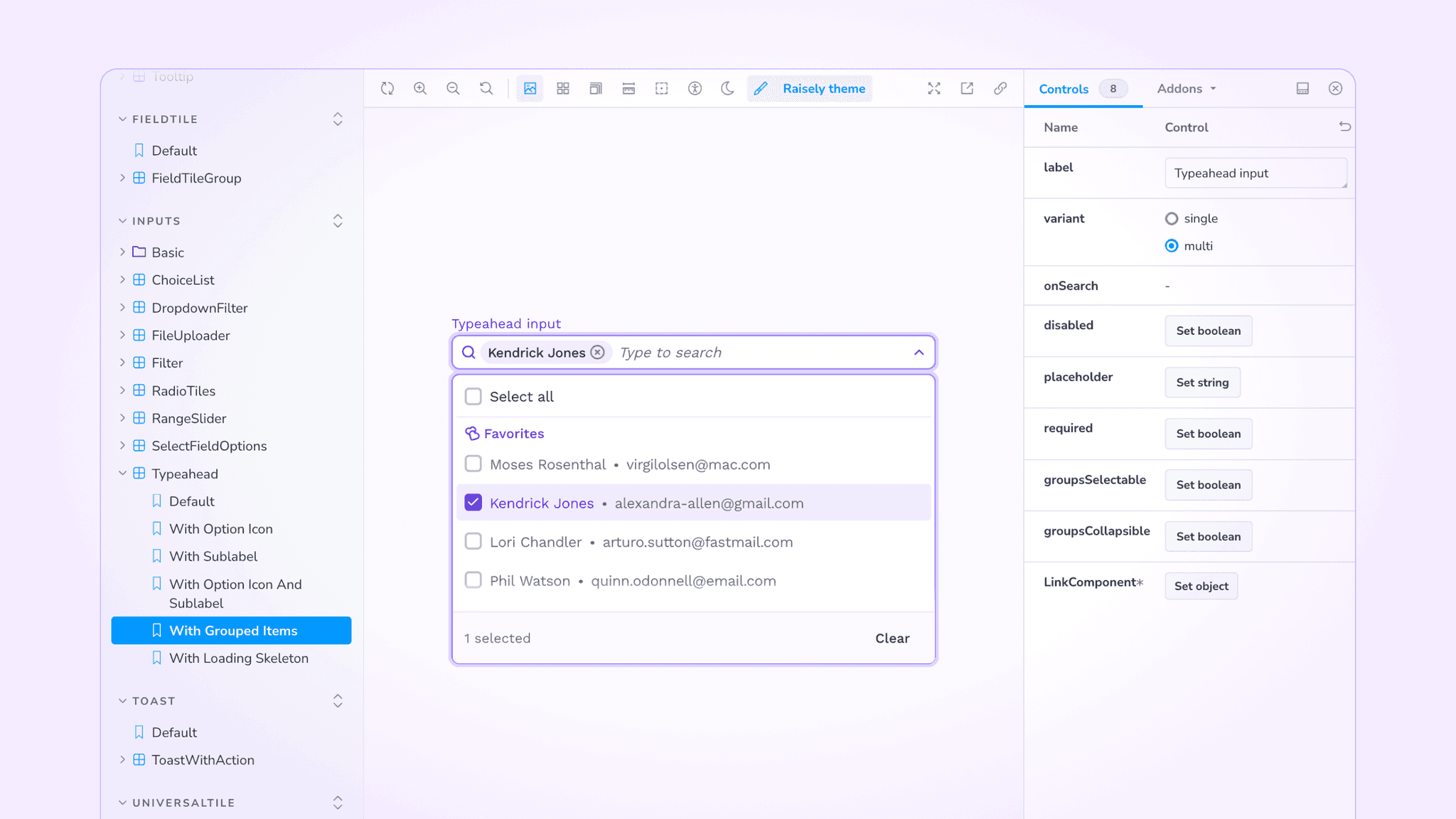 Storybook showing a Typeahead input component with its controls panel and a list of system components