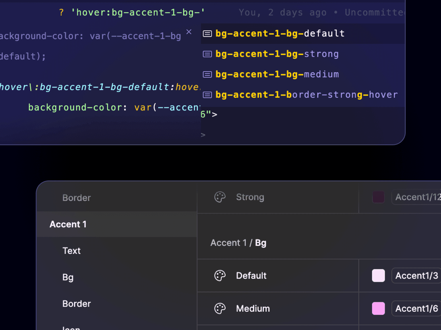 Code editor autocompleting Tailwind classes generated from design tokens, beside the matching Accent token set in Figma