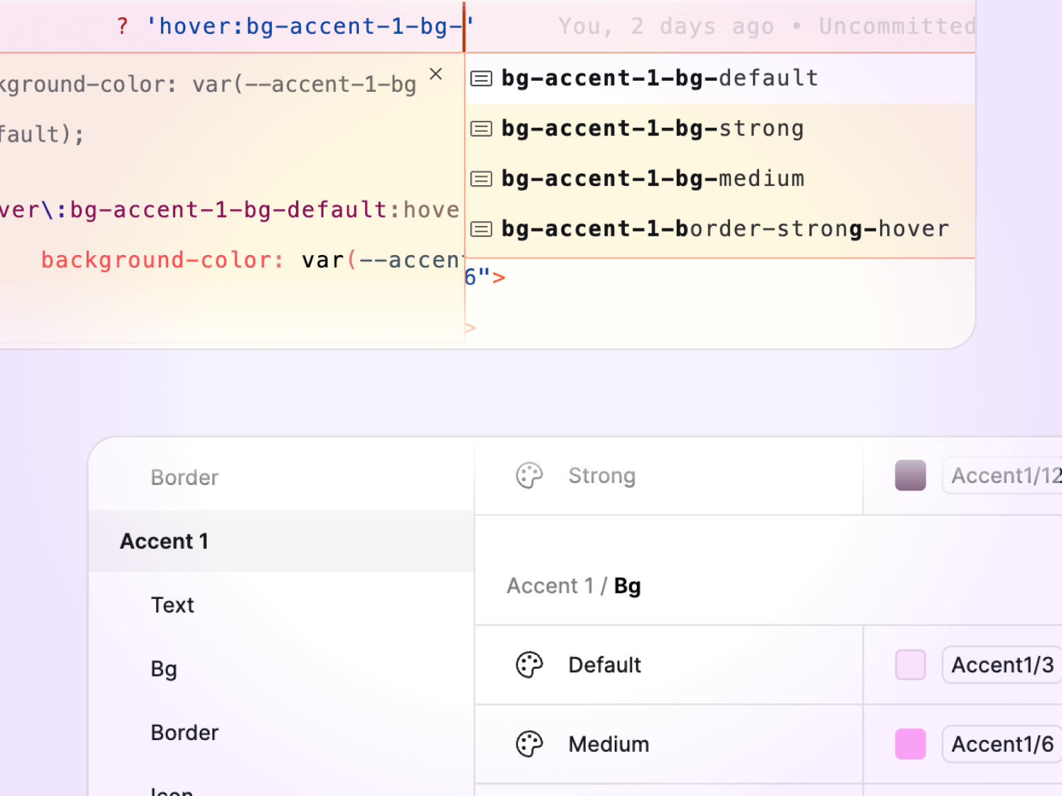 Code editor autocompleting Tailwind classes generated from design tokens, beside the matching Accent token set in Figma