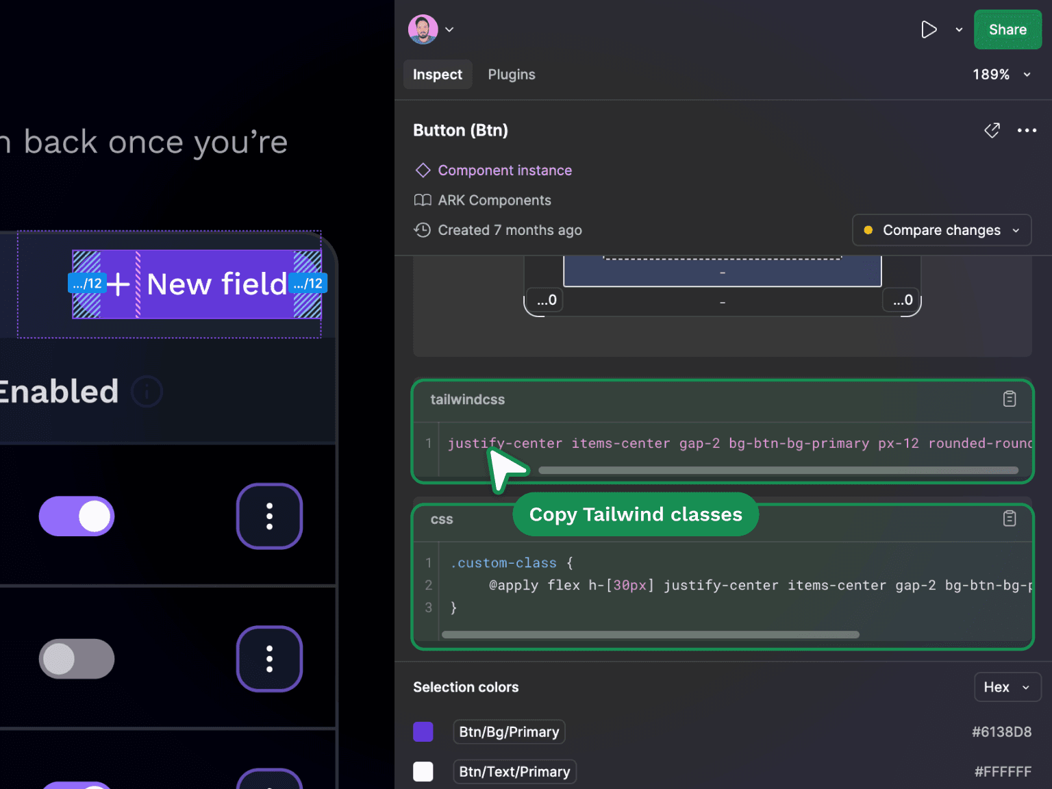 A custom Figma plugin generating Tailwind classes and CSS for a selected button component