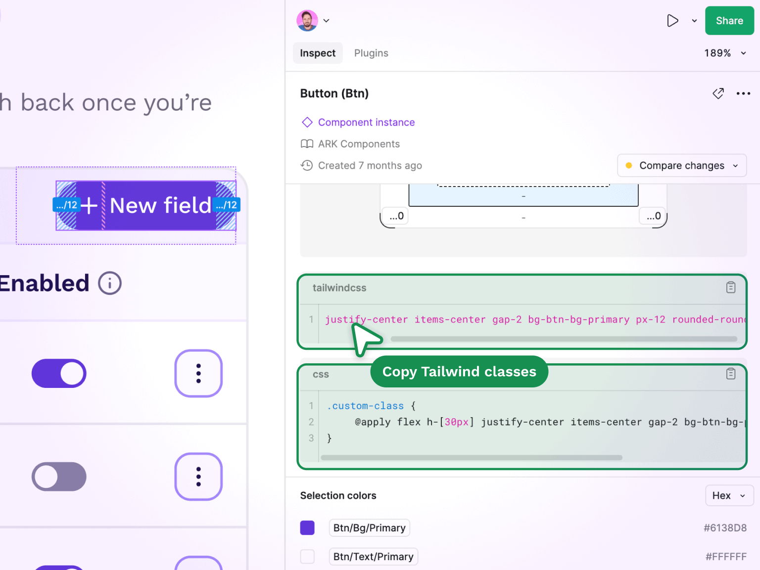 A custom Figma plugin generating Tailwind classes and CSS for a selected button component